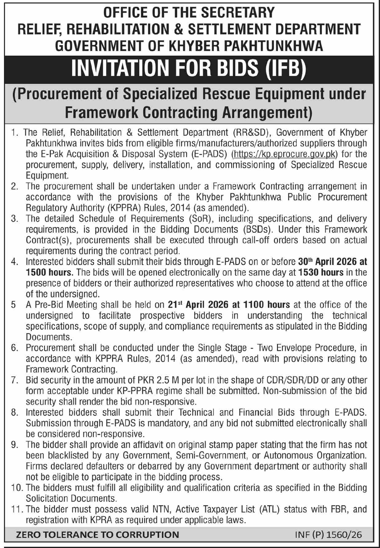 Procurement of Specialized Rescue Equipment under Framework Contracting Arrangement